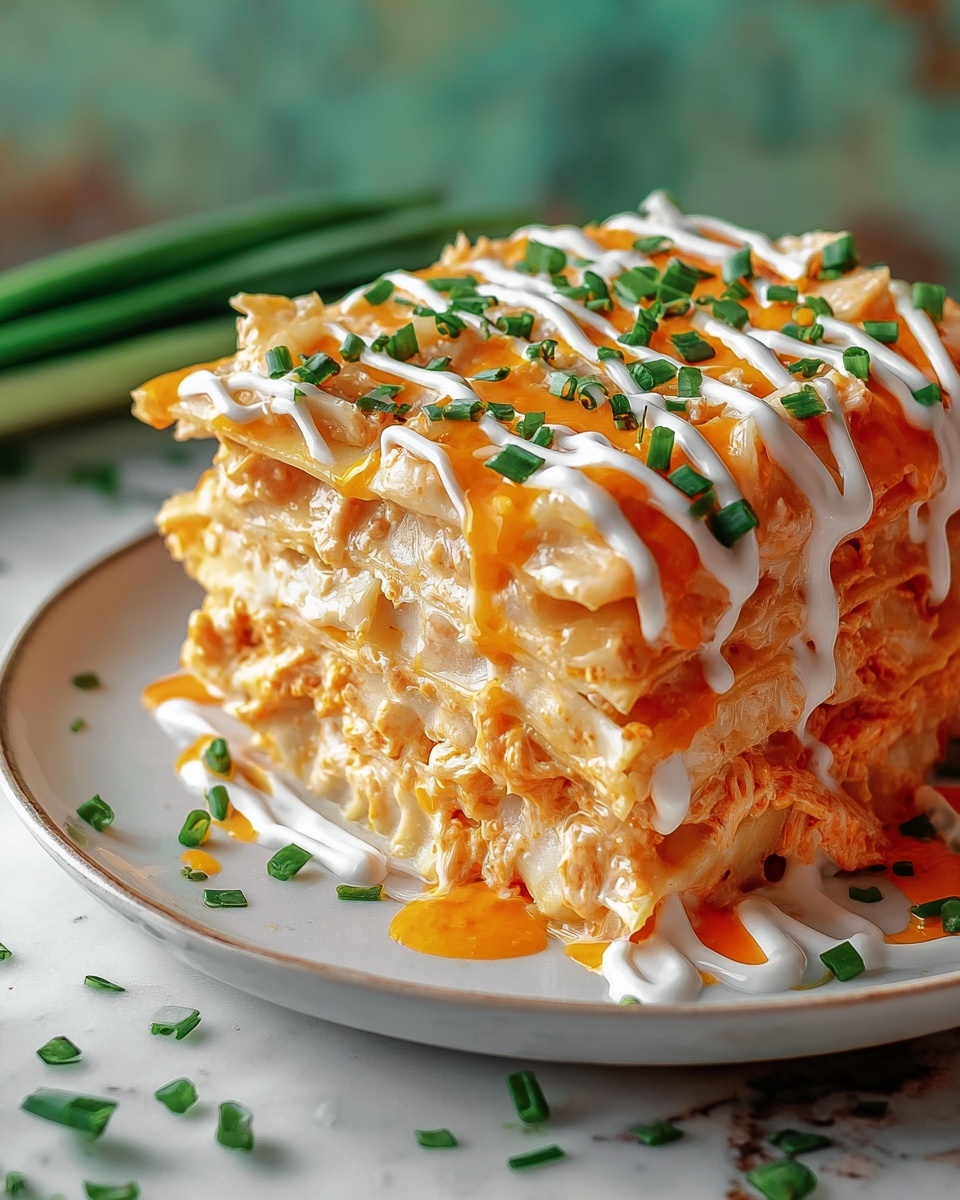 Cheesy Buffalo Chicken Lasagna with Ranch Drizzle Recipe - Recipe Image
