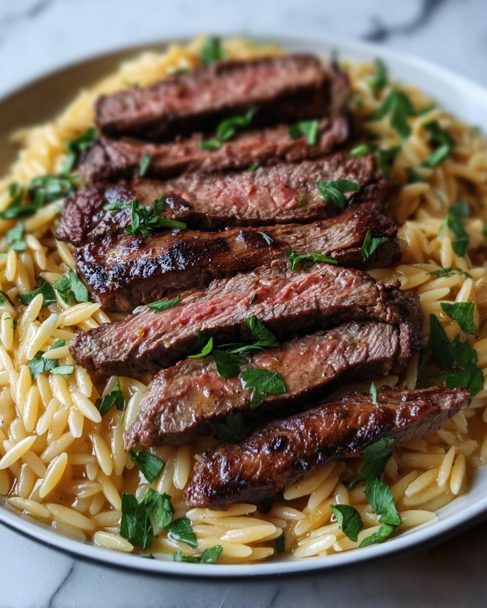 Flank Steak with Creamy Sun-Dried Tomato Orzo Recipe - Recipe Image