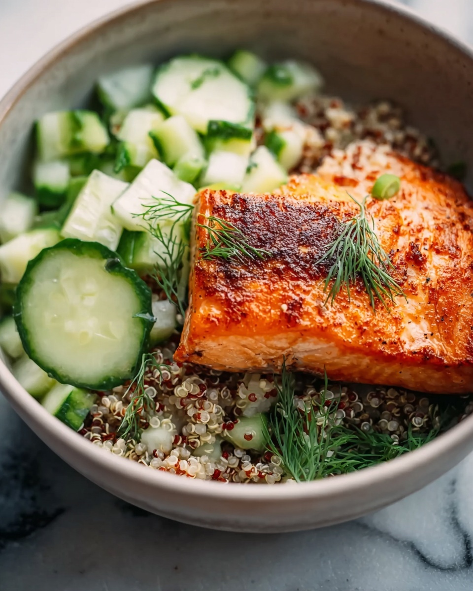 Spiced Salmon Bowl with Quinoa and Cucumber-Dill Salad Recipe - Recipe Image