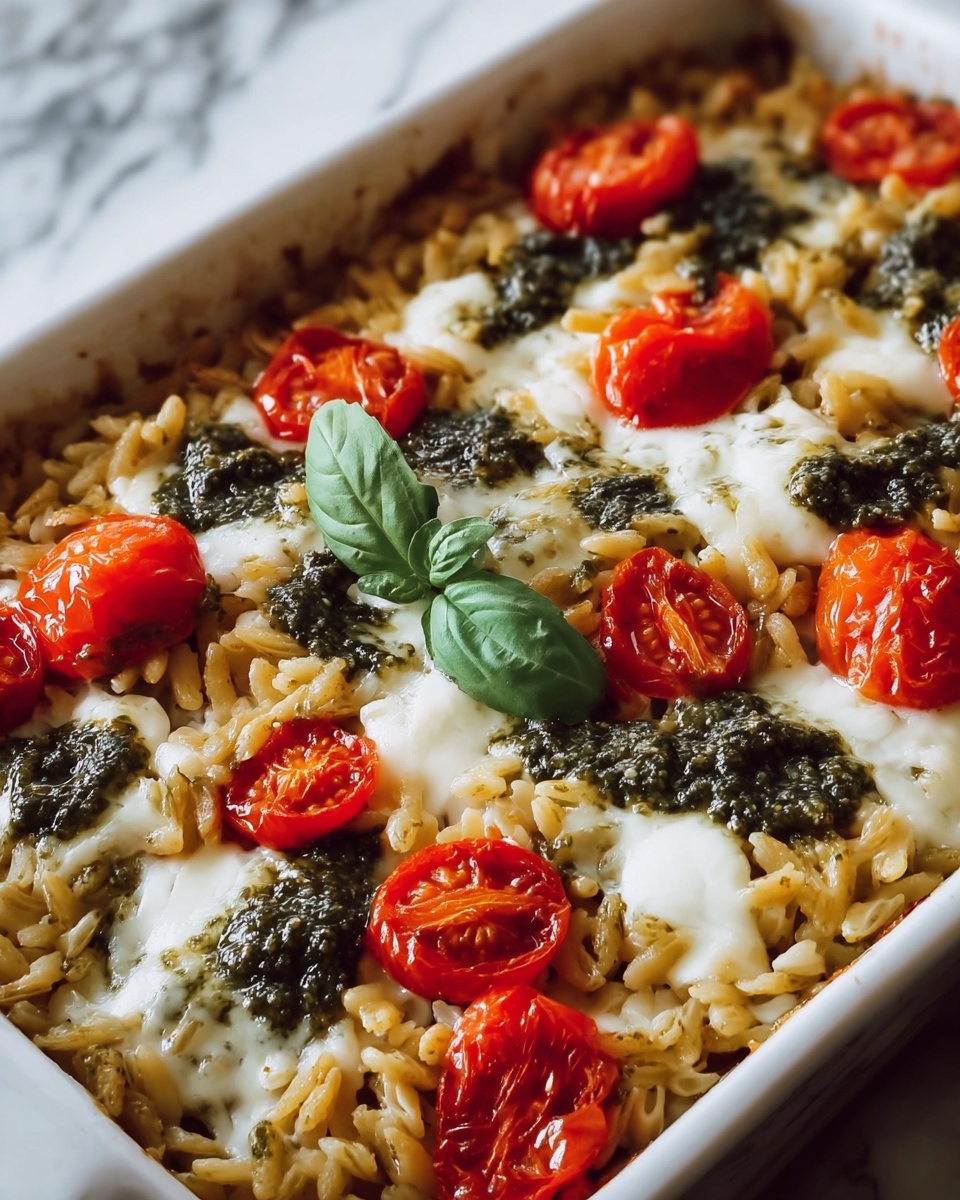 One Pan Caprese Pesto Orzo Bake Recipe - Recipe Image