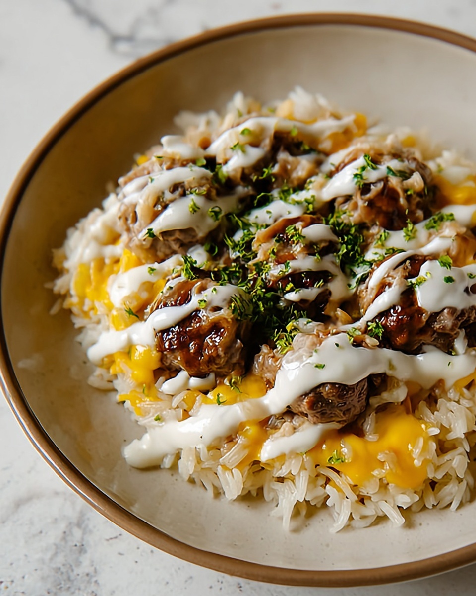 Garlic Butter Beef and Rice Skillet with Cheddar Parmesan Sauce Recipe - Recipe Image