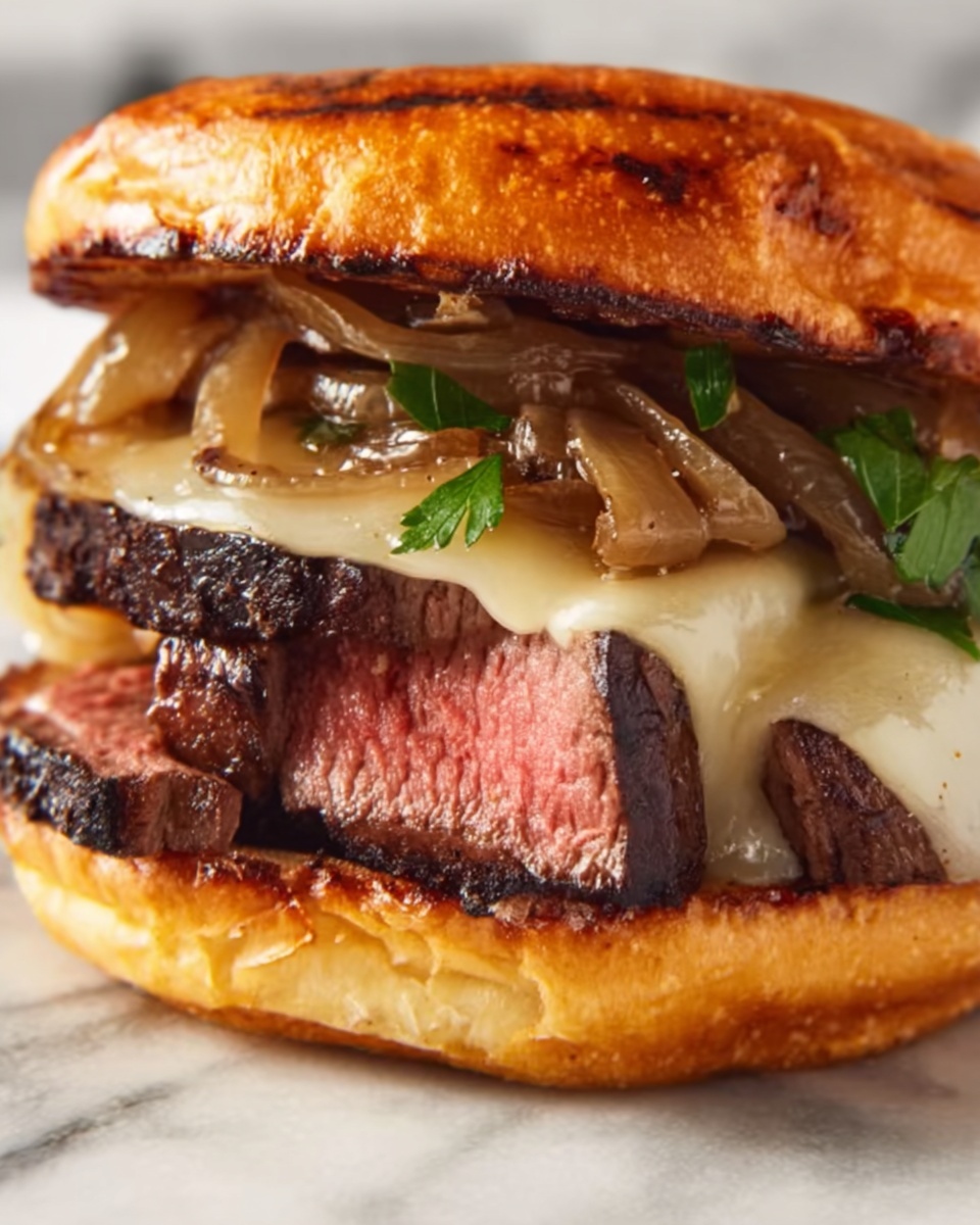Grilled Ribeye Steak Sandwich with Caramelized Onions, Mushrooms, and Roasted Red Pepper Aioli Recipe - Recipe Image
