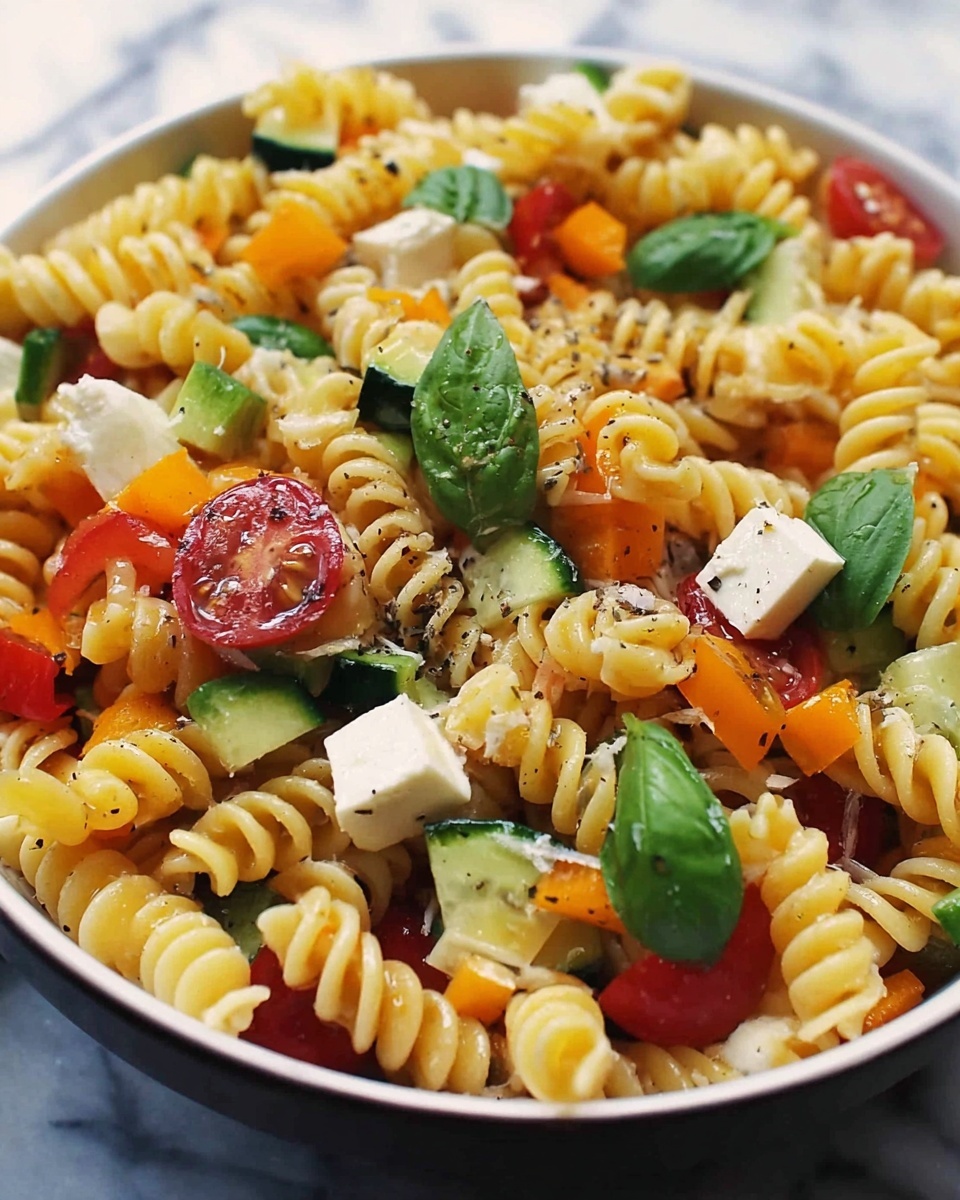 Mediterranean Pasta Salad with Cherry Tomatoes, Cucumber, and Red Bell Pepper Recipe - Recipe Image