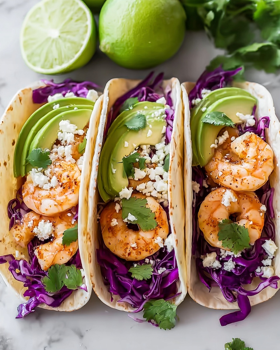 Shrimp Tacos with Cilantro-Lime Sauce and Fresh Toppings Recipe - Recipe Image