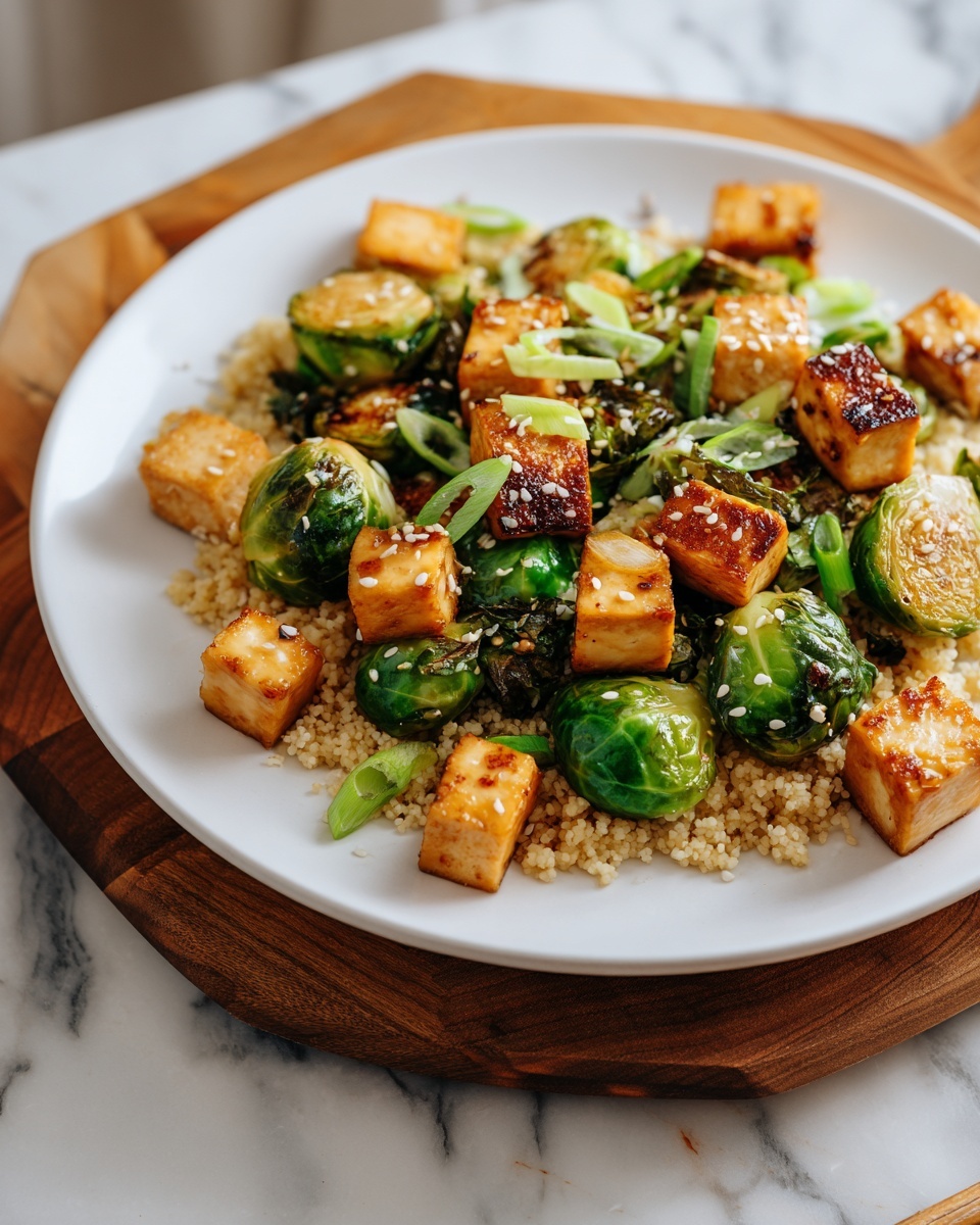 Roasted Brussels Sprouts and Crispy Tofu with Honey-Sesame Glaze Recipe - Recipe Image