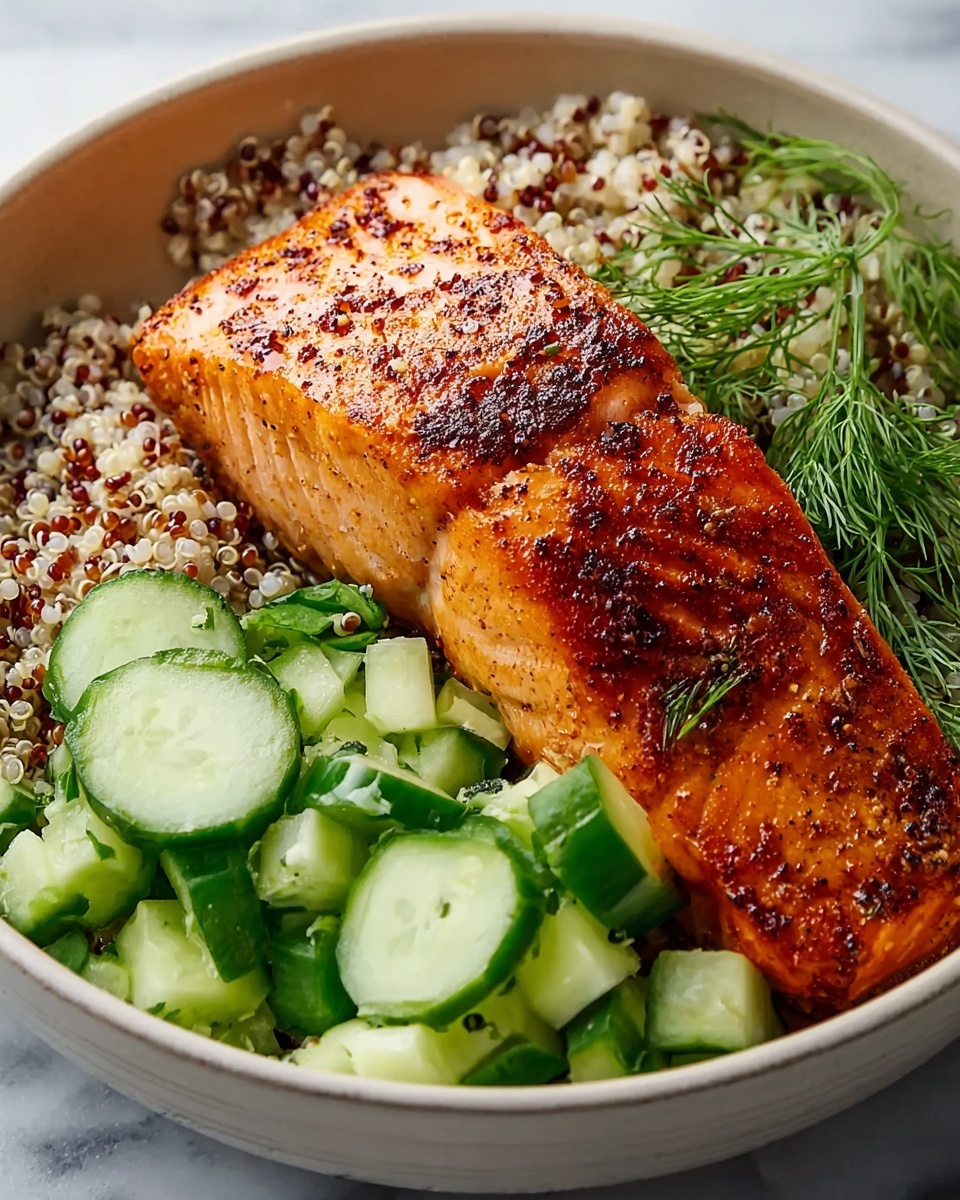 Spiced Salmon Bowl with Quinoa and Cucumber-Dill Salad Recipe - Recipe Image