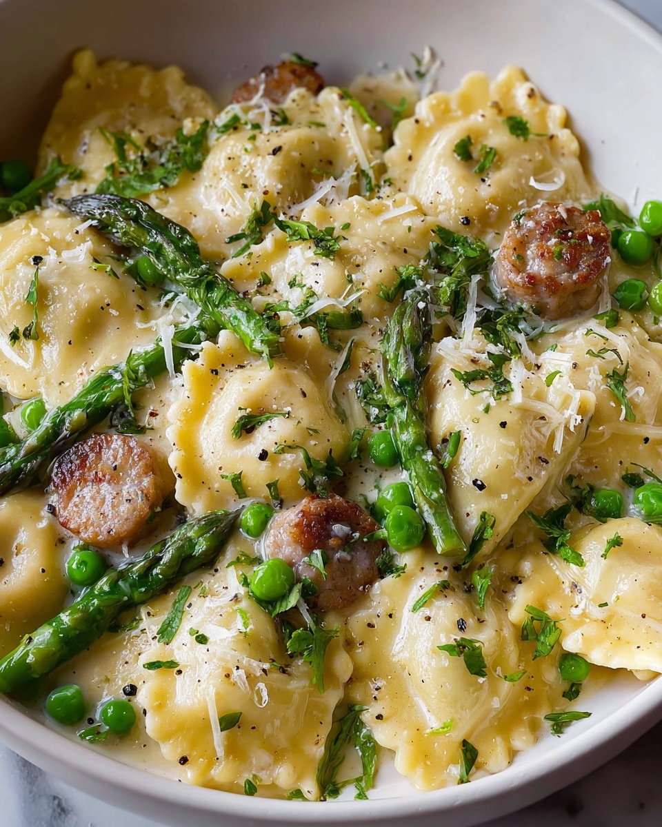 Asparagus Ravioli with Sausage and Peas Recipe - Recipe Image