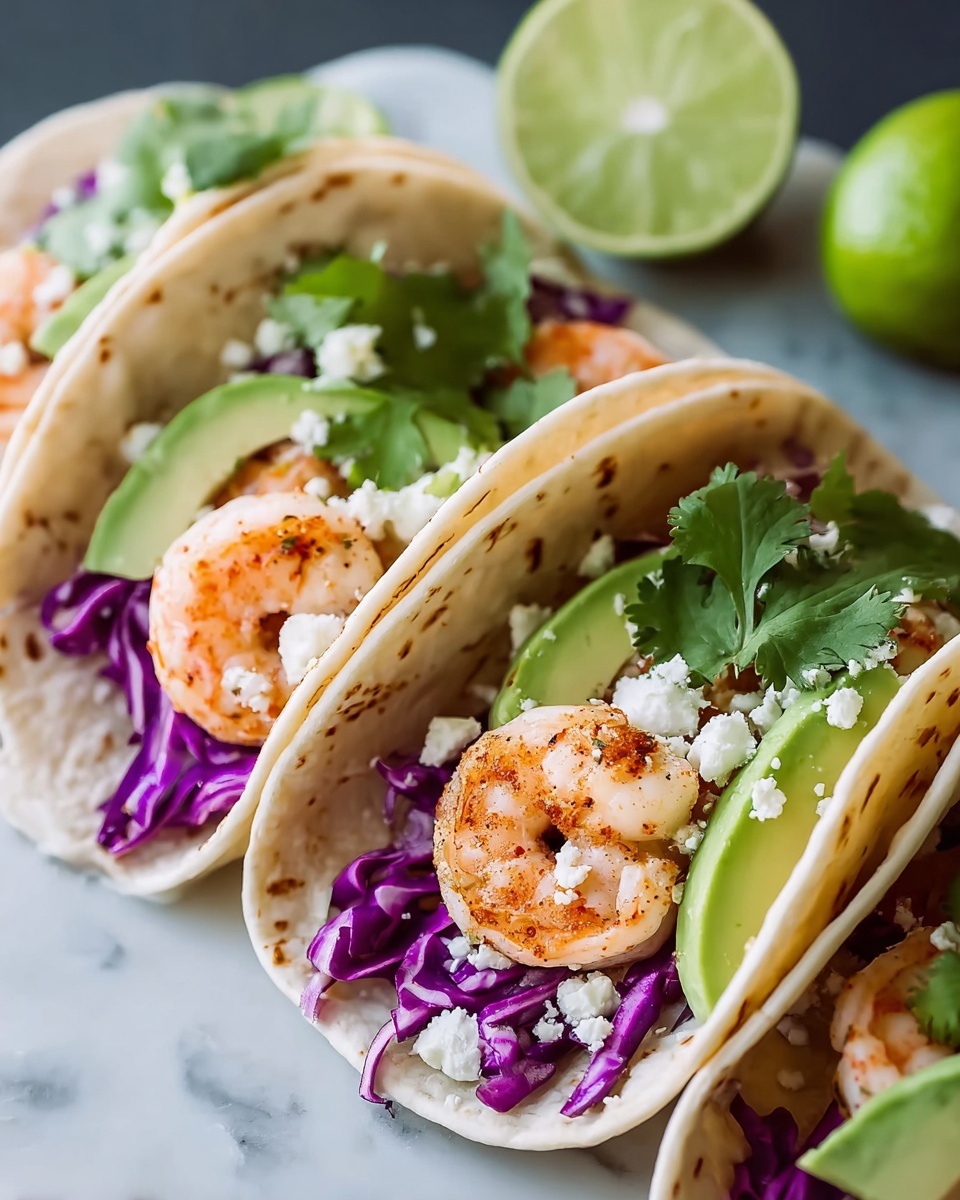 Shrimp Tacos with Cilantro-Lime Sauce and Fresh Toppings Recipe - Recipe Image