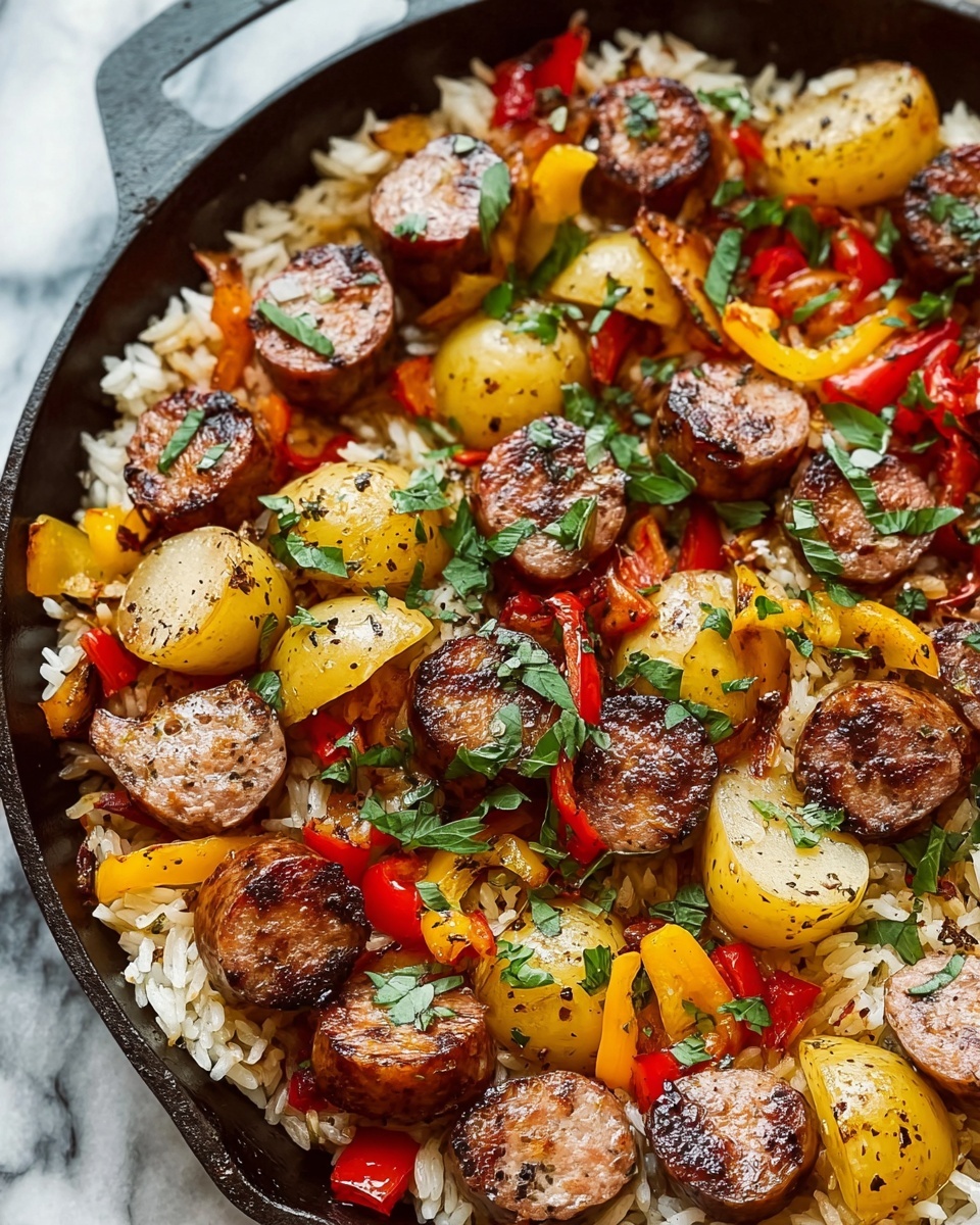 Summer Sausage Skillet with Andouille and Fresh Herb Crema Recipe - Recipe Image