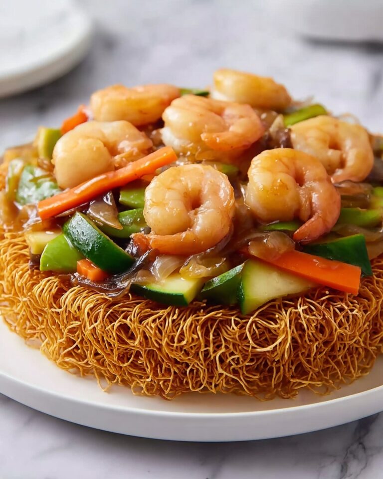 Crispy Cake Noodle Stir Fry with Shrimp and Vegetables Recipe