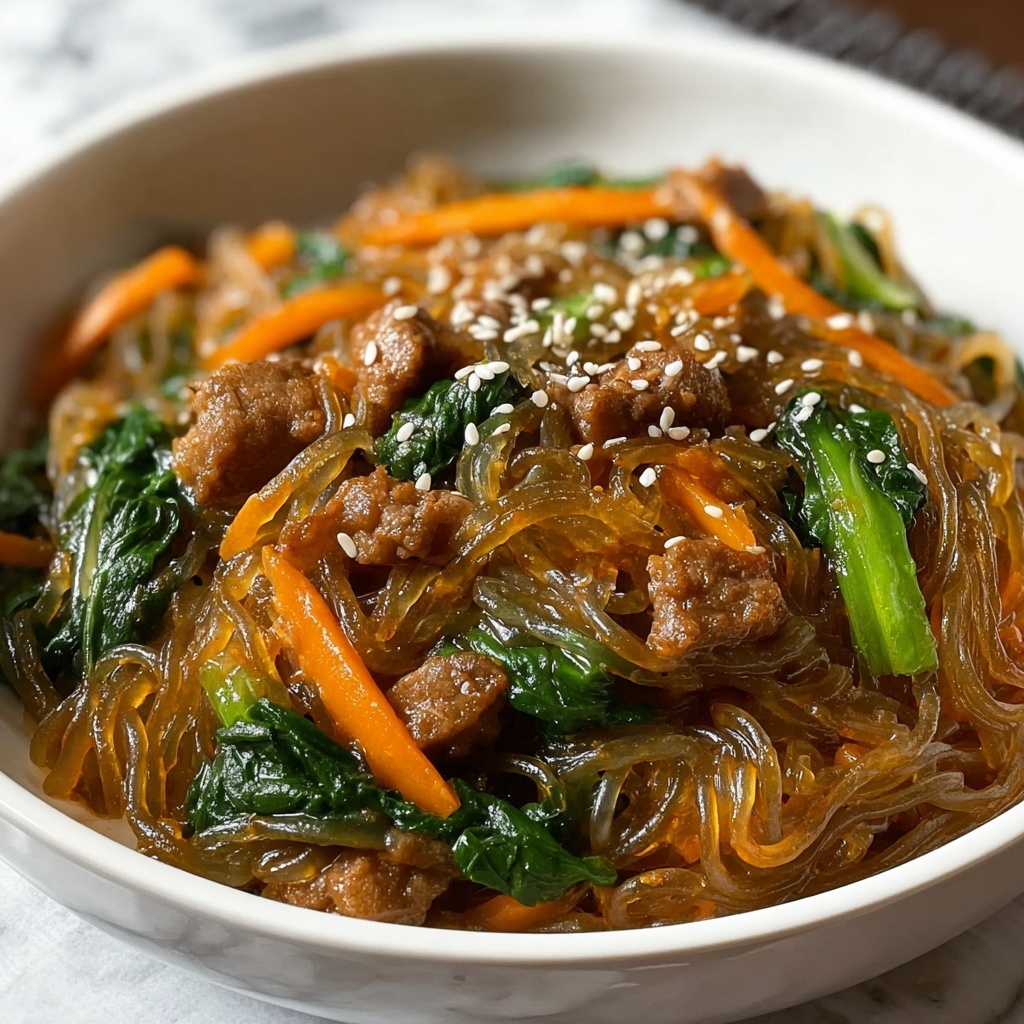 Easy Korean Japchae with Beef and Glass Noodles Recipe - Recipe Image