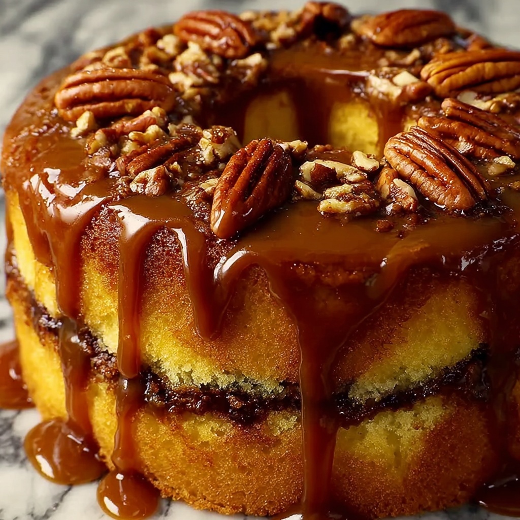 Pecan Caramel Cinnamon Roll Cream Cheese Pound Cake Recipe - Recipe Image