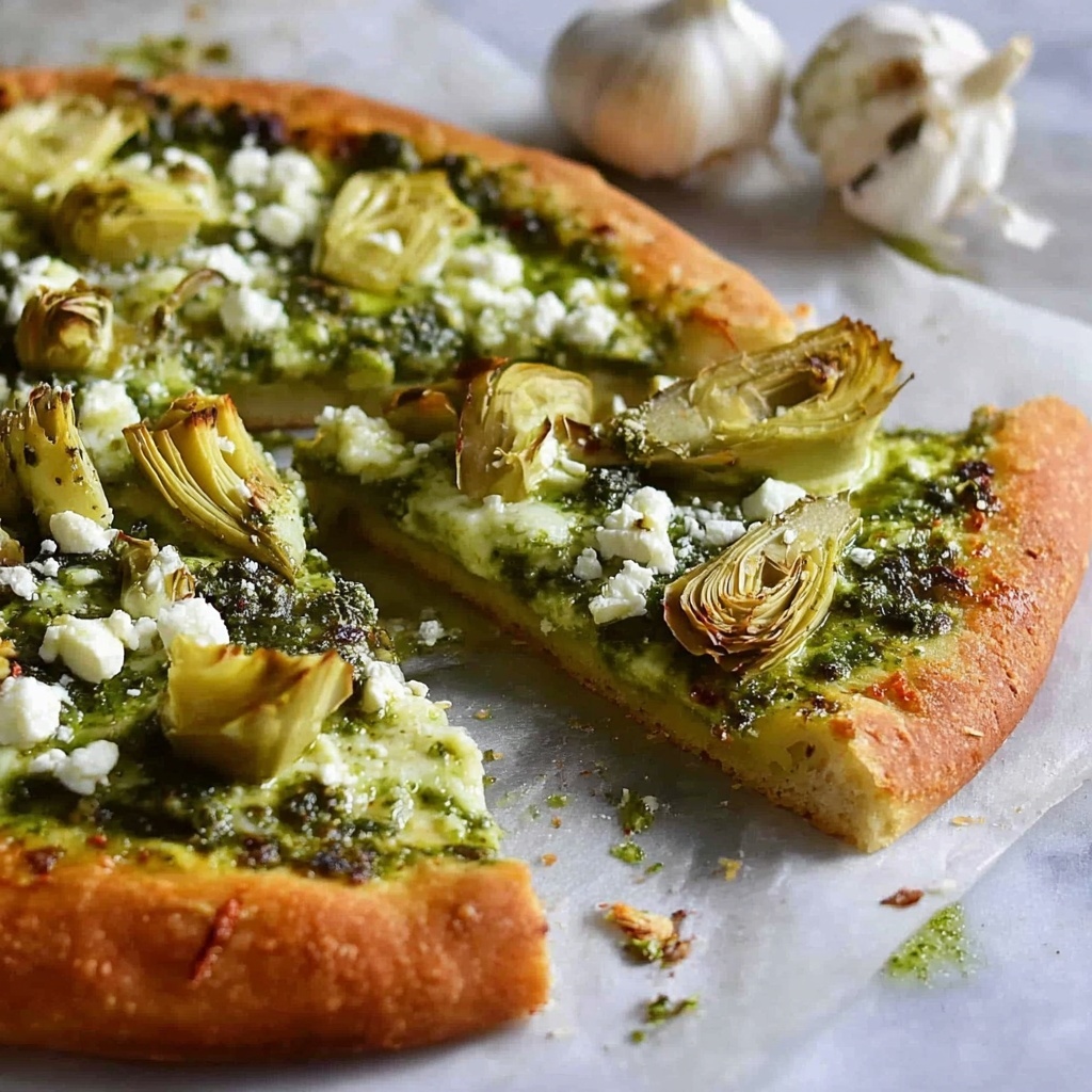 Green Pizza with Pesto, Feta & Artichokes Recipe - Recipe Image