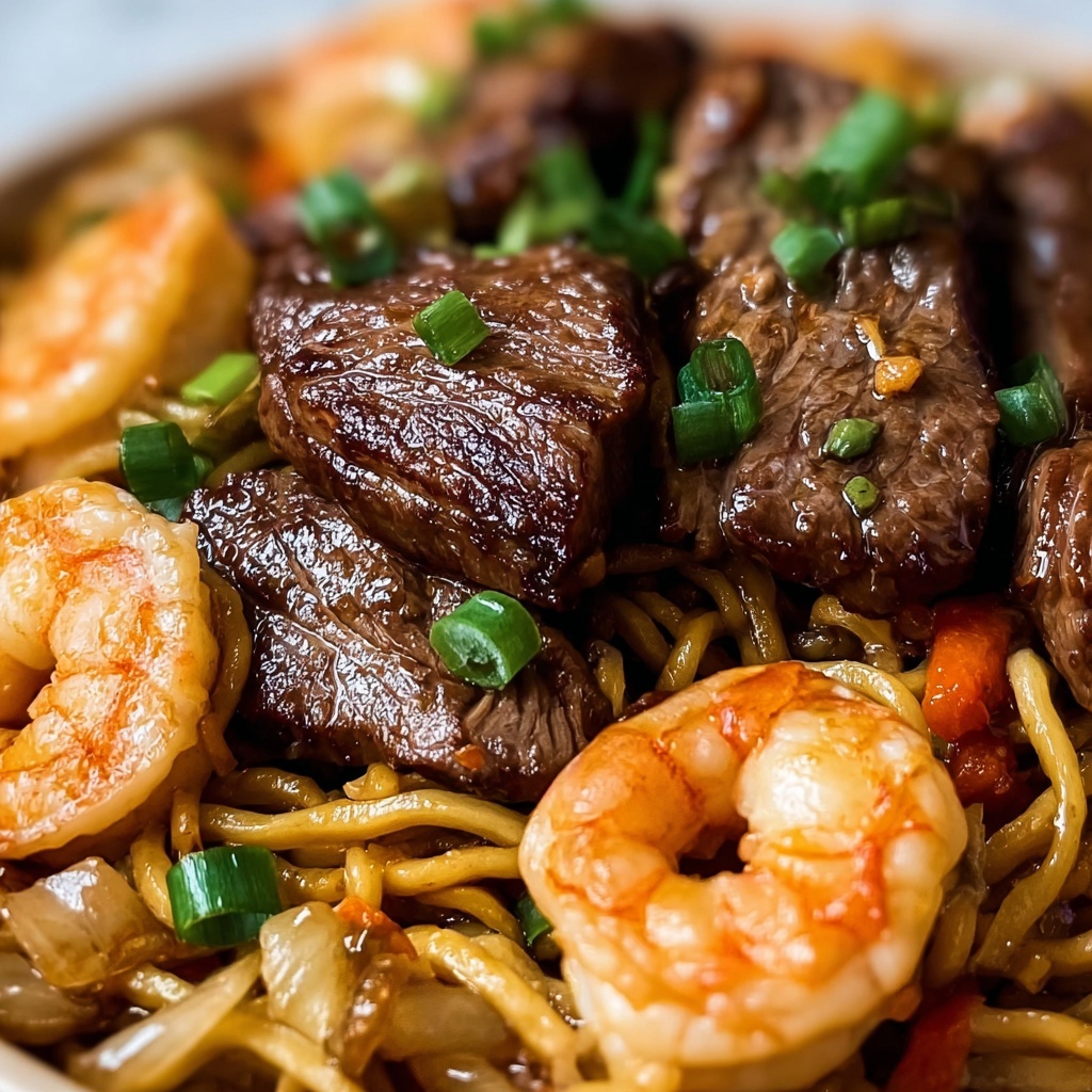Garlic Butter Steak and Shrimp Stir-Fried Noodles Recipe - Recipe Image