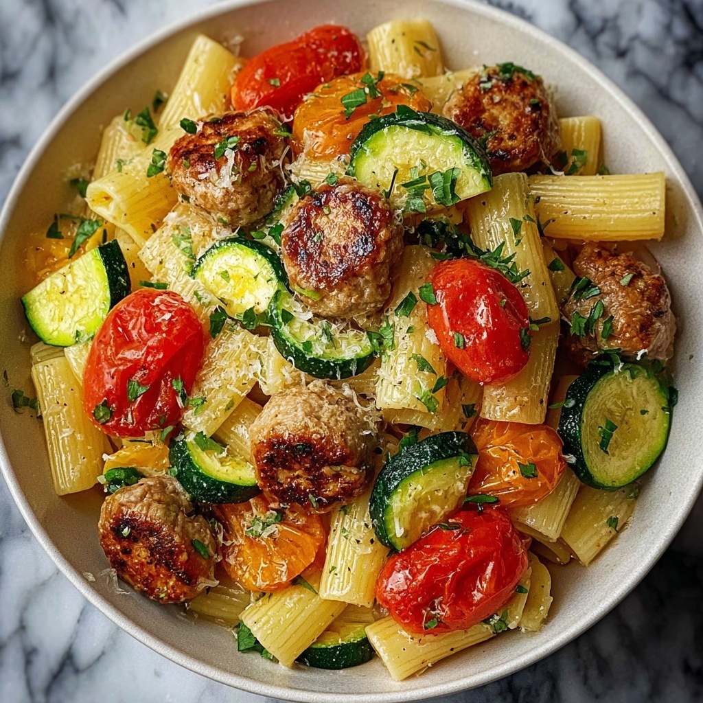 Chicken Sausages with Zucchini, Tomatoes, and Pasta Recipe - Recipe Image