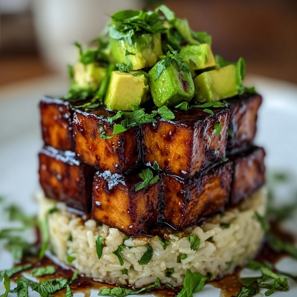 Crispy Teriyaki Tofu and Avocado Rice Stack Recipe - Recipe Image