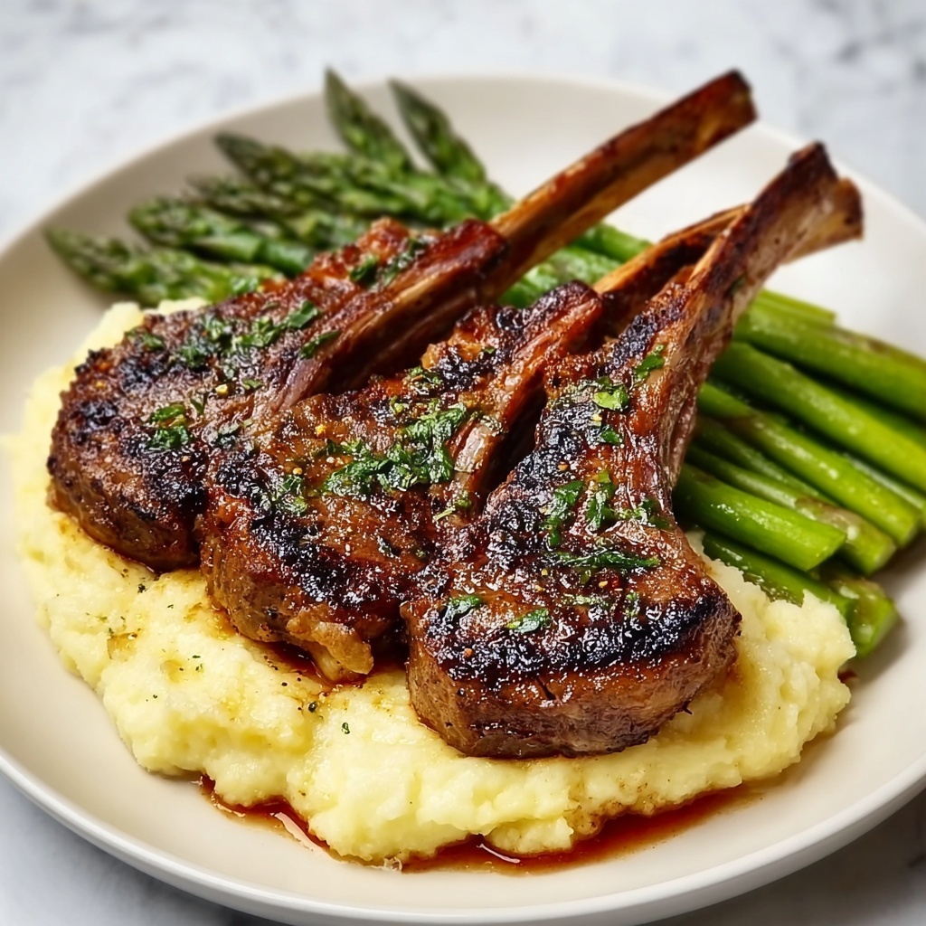 Herb-Crusted Lamb Chops with Mashed Potatoes, Asparagus, and Lobster Recipe - Recipe Image
