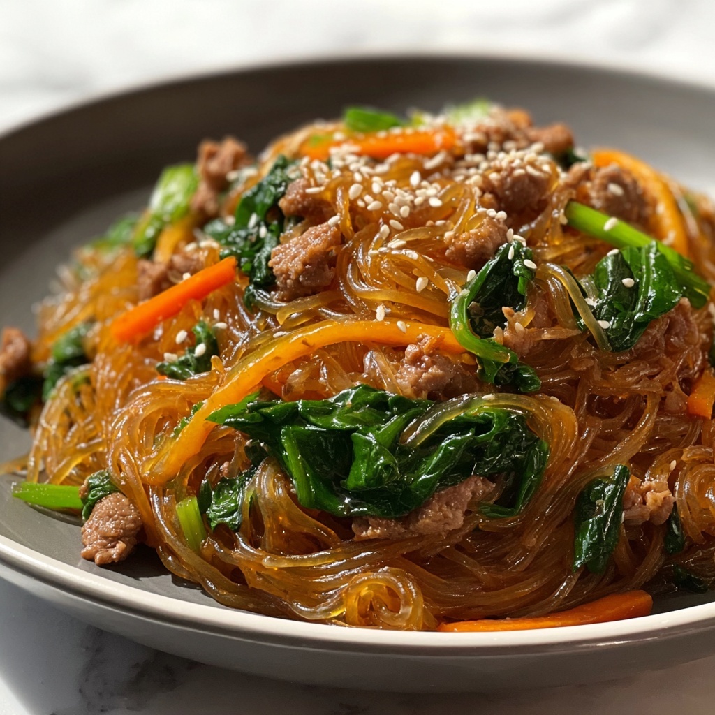 Easy Korean Japchae with Beef and Glass Noodles Recipe - Recipe Image
