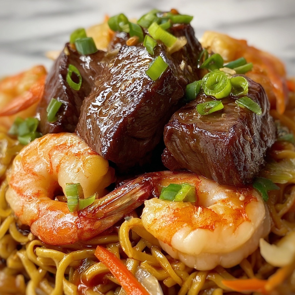 Garlic Butter Steak and Shrimp Stir-Fried Noodles Recipe - Recipe Image