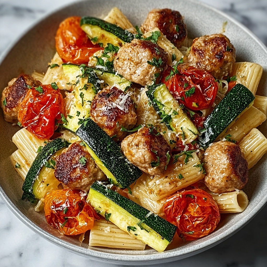 Chicken Sausages with Zucchini, Tomatoes, and Pasta Recipe - Recipe Image