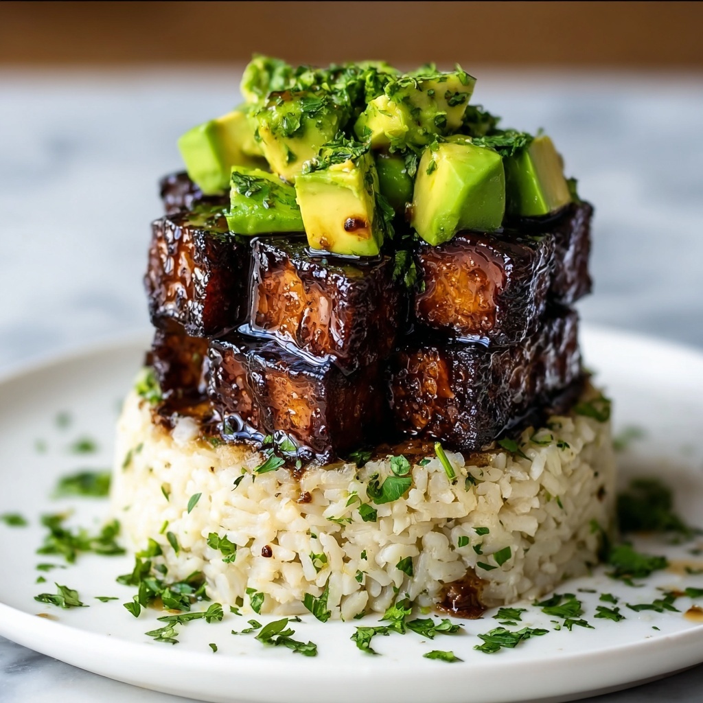 Crispy Teriyaki Tofu and Avocado Rice Stack Recipe - Recipe Image