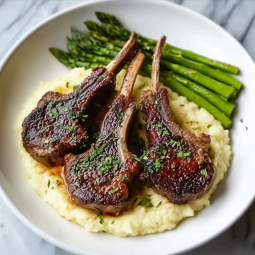 Herb-Crusted Lamb Chops with Mashed Potatoes, Asparagus, and Lobster Recipe - Recipe Image