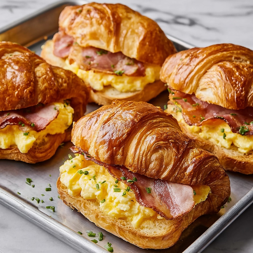Croissant Breakfast Sandwiches with Dijon Honey Spread, Ham, Bacon, and Scrambled Eggs Recipe - Recipe Image