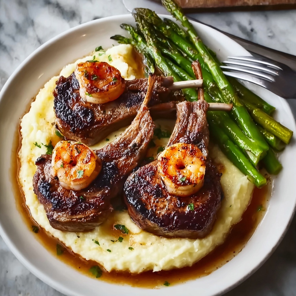 Succulent Lamb Chops with Lobster Mashed Potatoes and Roasted Asparagus Recipe - Recipe Image
