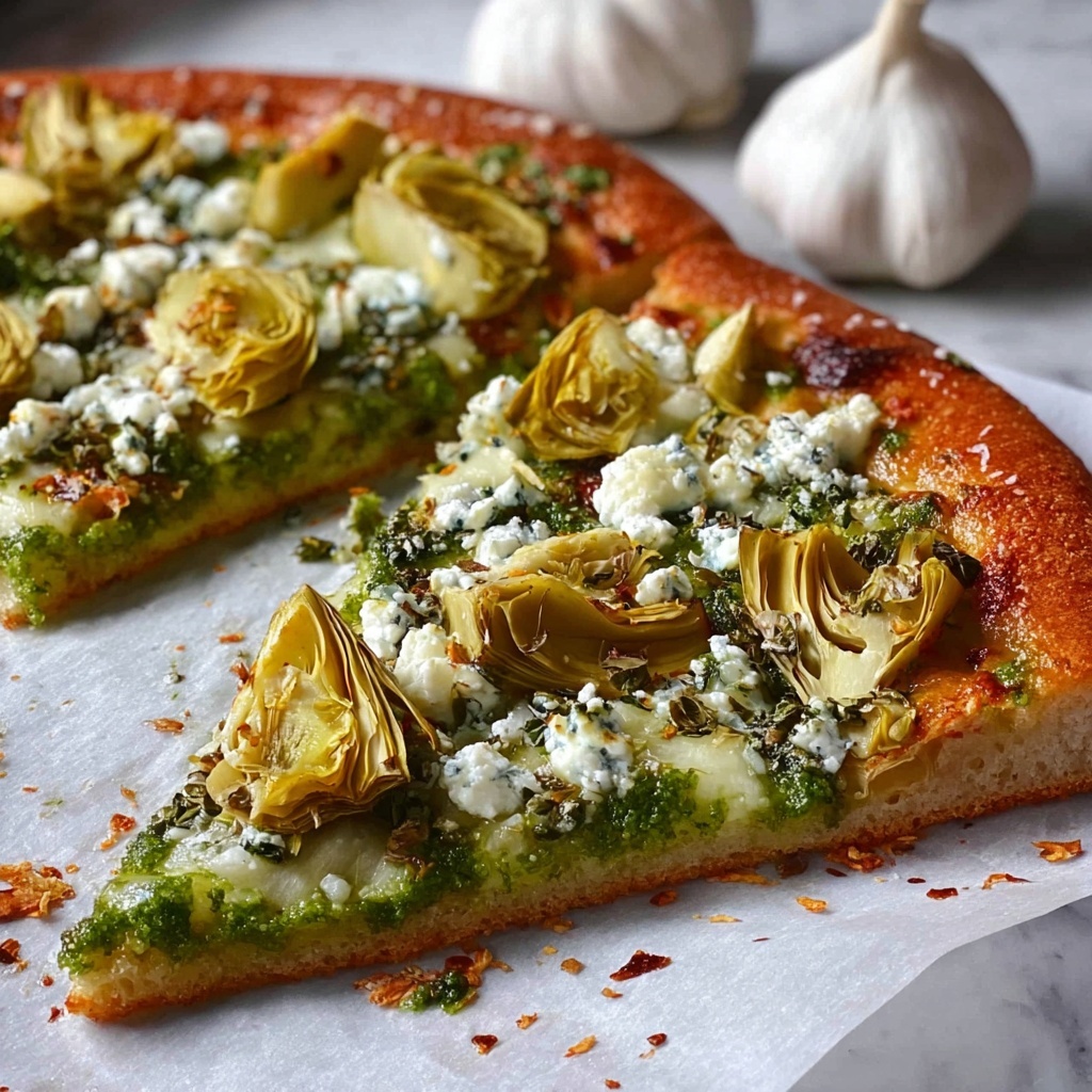 Green Pizza with Pesto, Feta & Artichokes Recipe - Recipe Image