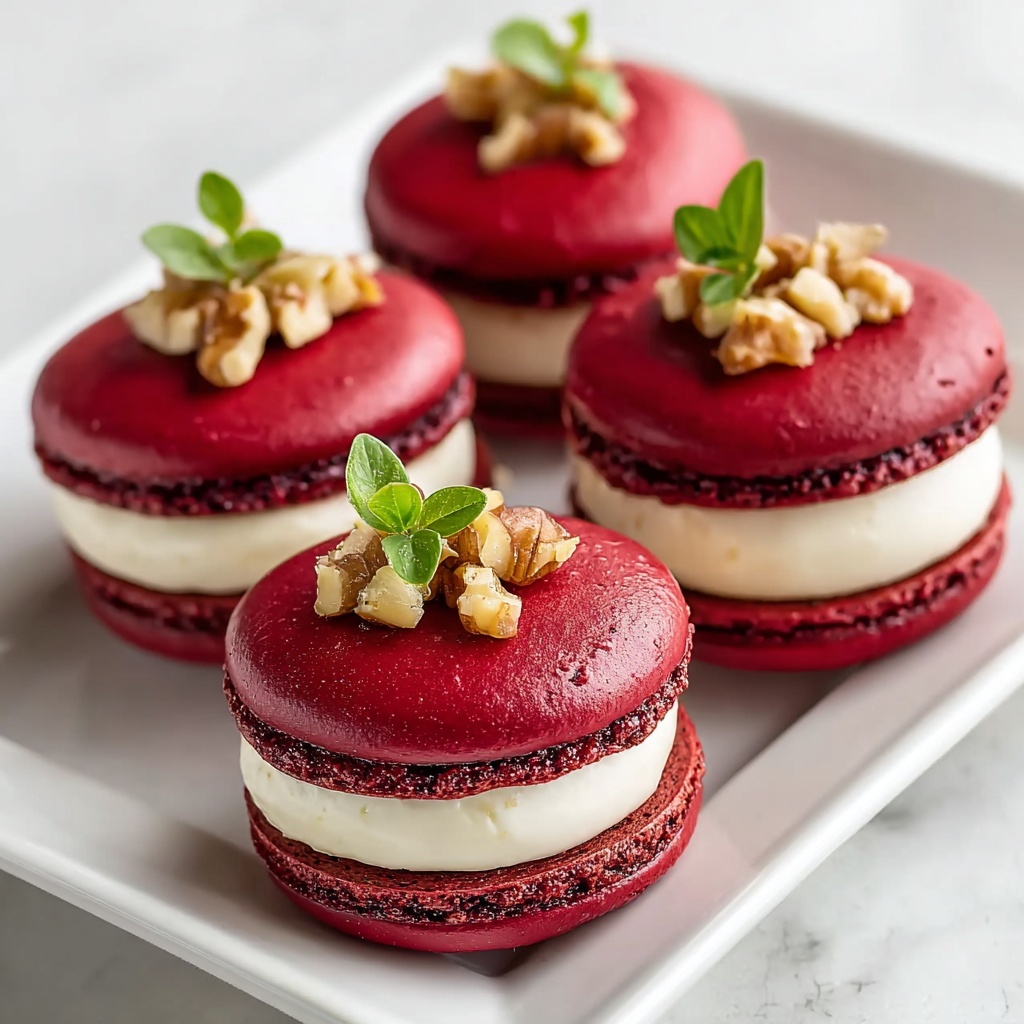 Savory Beet Macarons with Goat Cheese & Walnut Crunch Recipe - Recipe Image