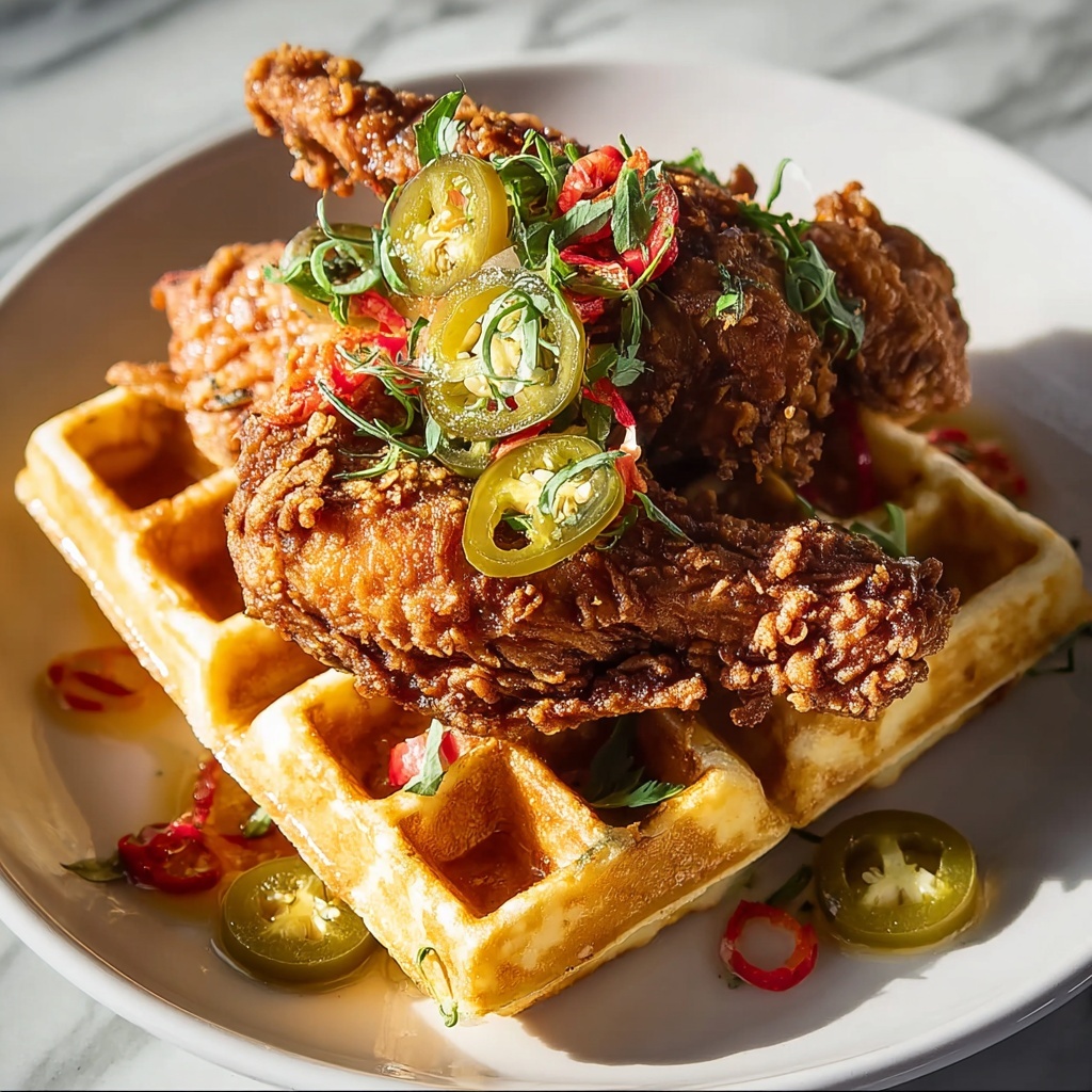Homemade Fried Chicken ‘n’ Waffles with Jalapeno Honey Butter Sauce Recipe - Recipe Image