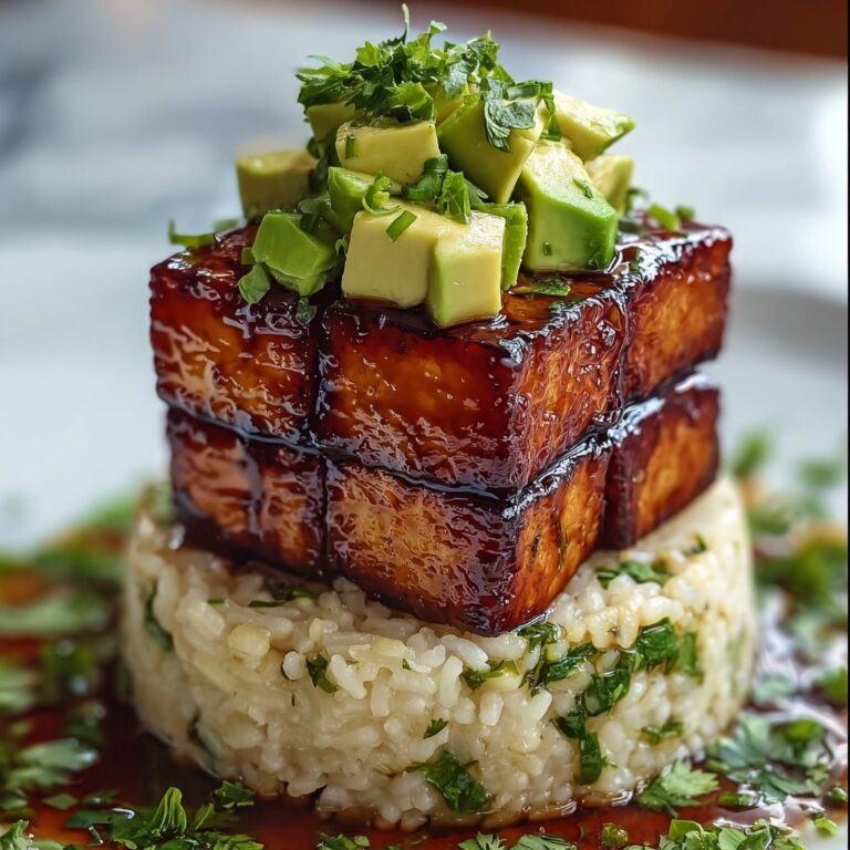 Crispy Teriyaki Tofu and Avocado Rice Stack Recipe