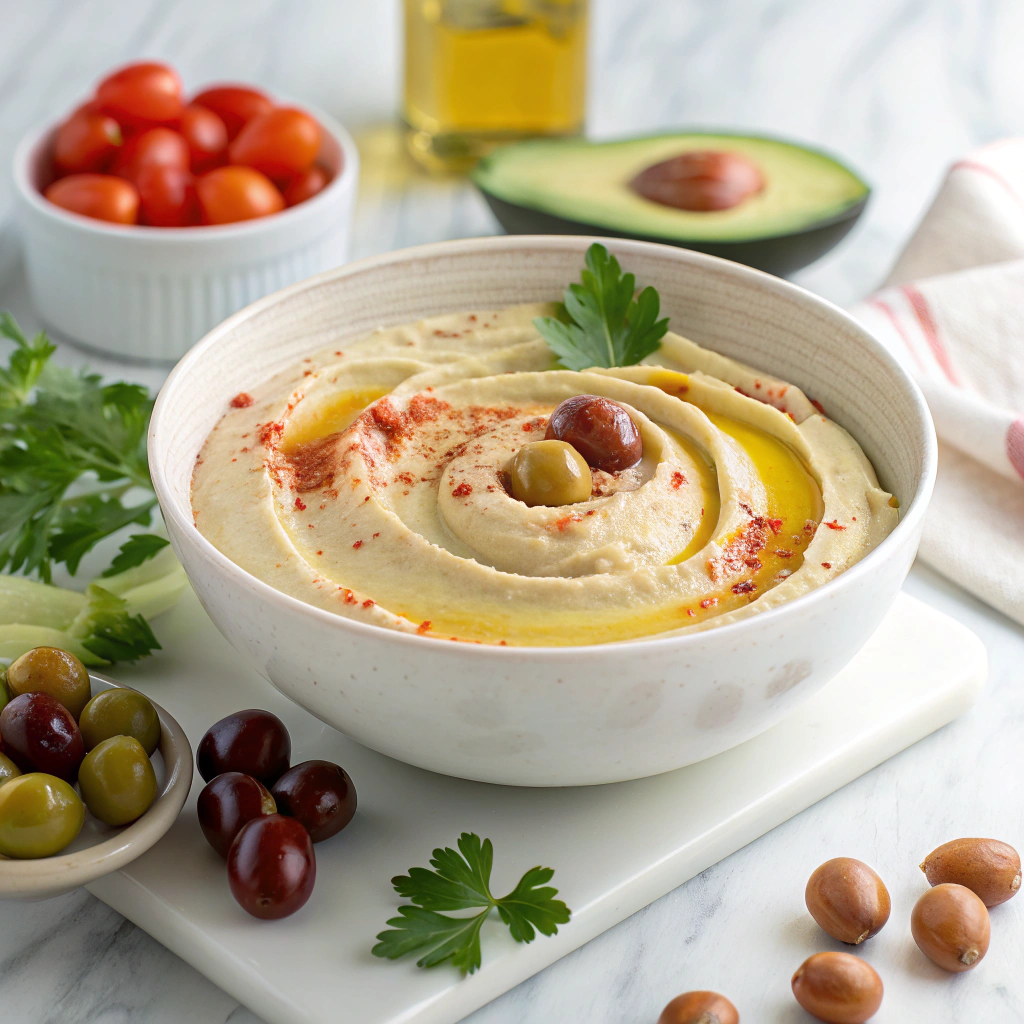 Loaded Hummus Dip with Veggies, Olives, Feta, and Fresh Herbs Recipe - Recipe Image