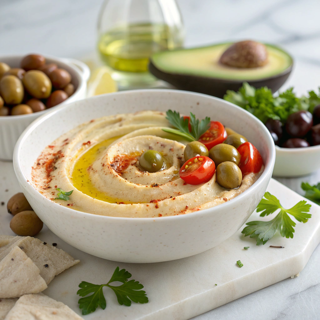 Loaded Hummus Dip with Veggies, Olives, Feta, and Fresh Herbs Recipe - Recipe Image