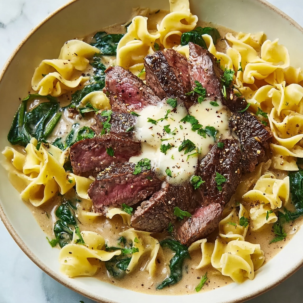 Garlic Butter Steak with Egg Noodles and Spinach Salad Recipe - Recipe Image