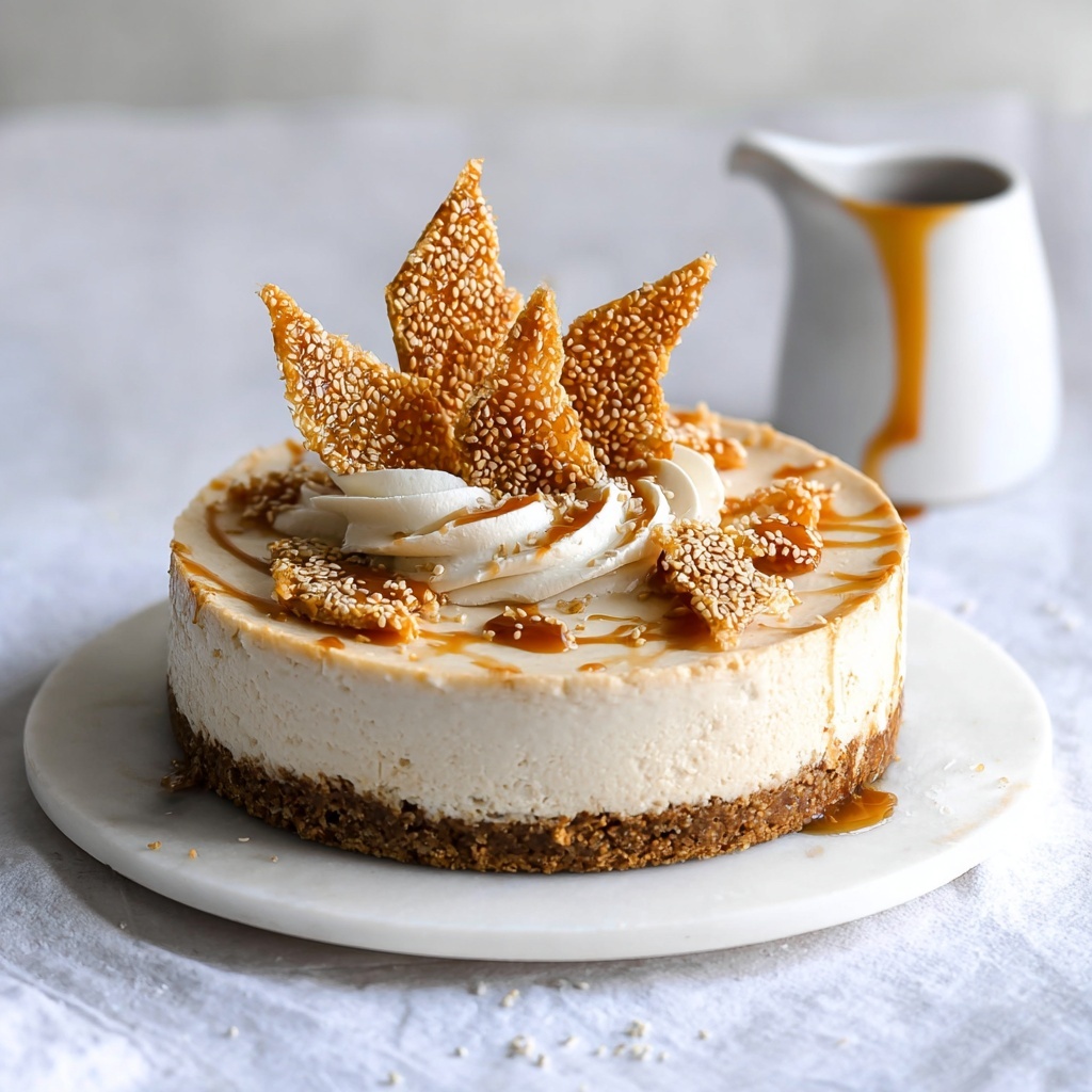 Vegan Tahini Cheesecake with Sesame Brittle and Caramel Drizzle Recipe - Recipe Image