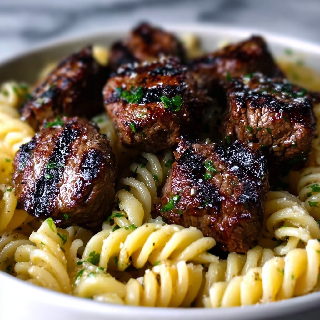 Steak Bites and Rotini in Garlic Parmesan Sauce Recipe - Recipe Image