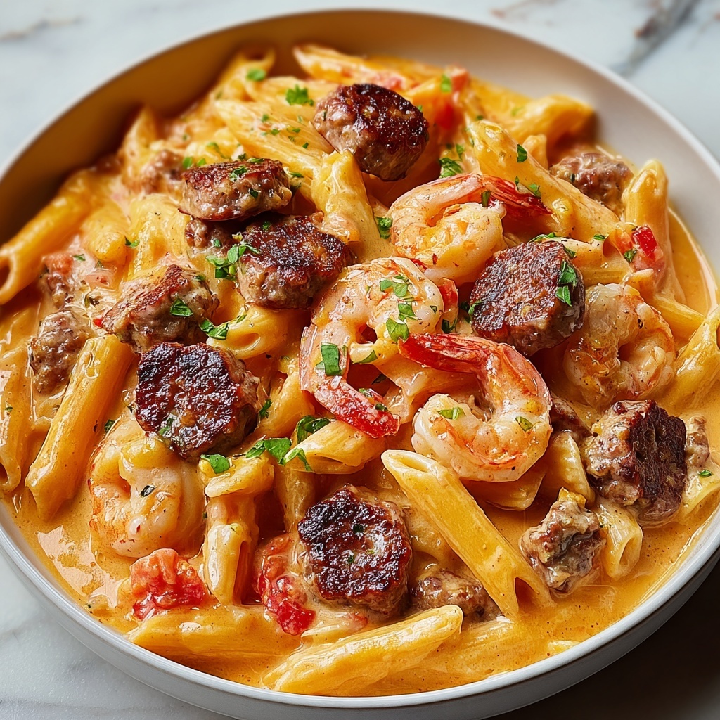 Creamy Cajun Pasta with Shrimp and Spicy Sausage Recipe - Recipe Image