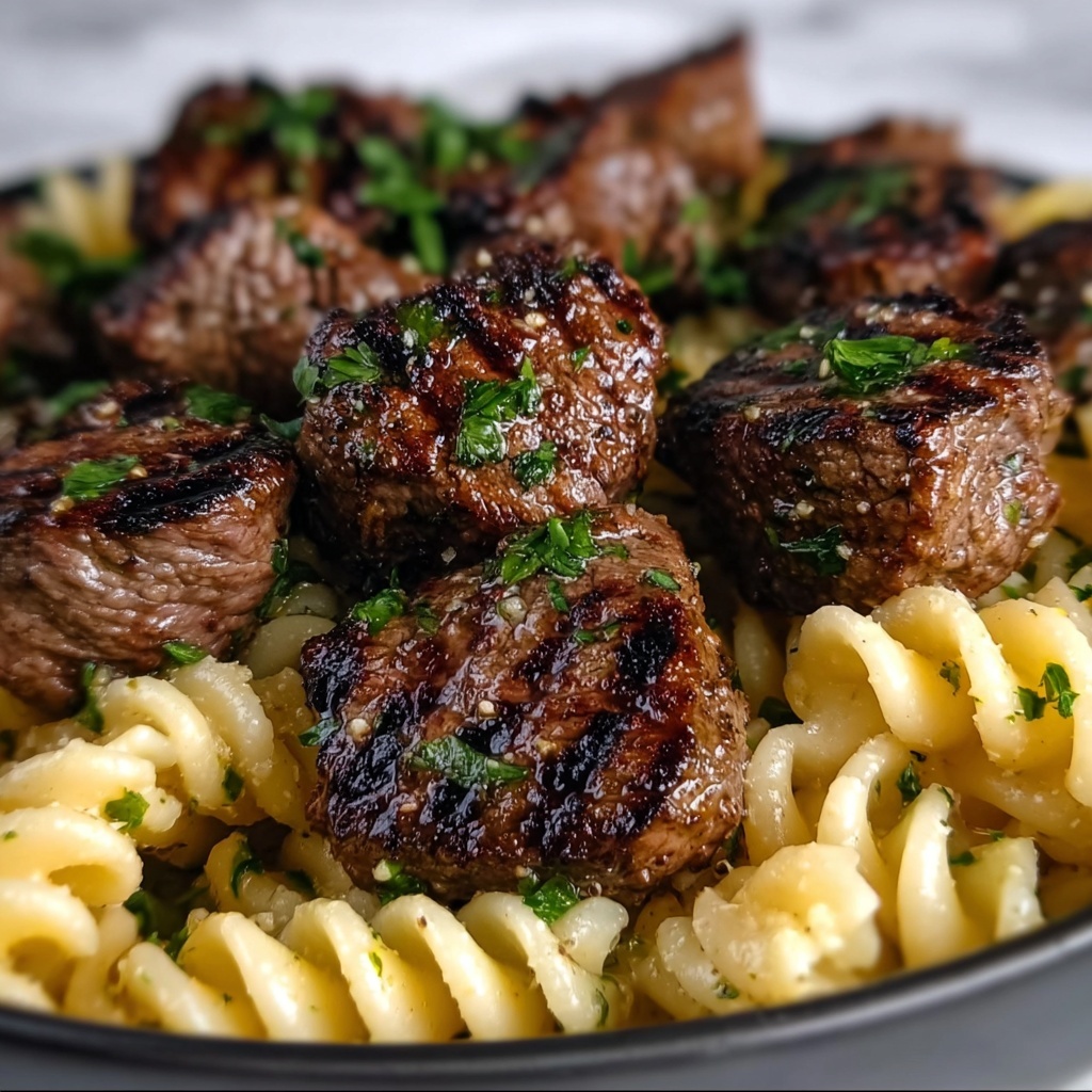 Steak Bites and Rotini in Garlic Parmesan Sauce Recipe - Recipe Image