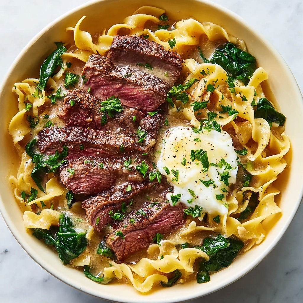 Garlic Butter Steak with Egg Noodles and Spinach Salad Recipe - Recipe Image