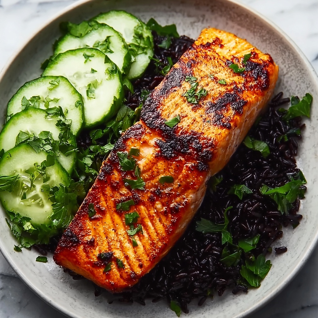 Grilled Salmon with Black Rice and Creamy Cucumber Salad Recipe - Recipe Image