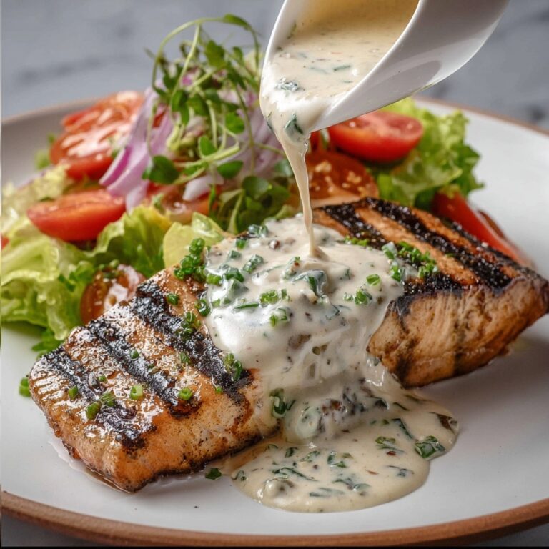 Tuna Steaks with Creamy Garlic Sauce & Salad Recipe