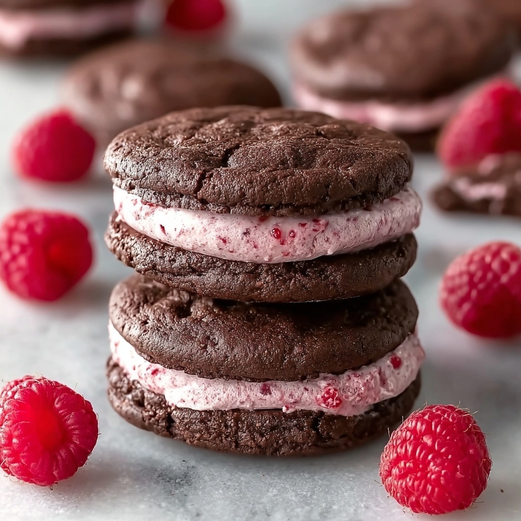 Chocolate Raspberry Sandwich Cookies with Ganache Drizzle Recipe - Recipe Image