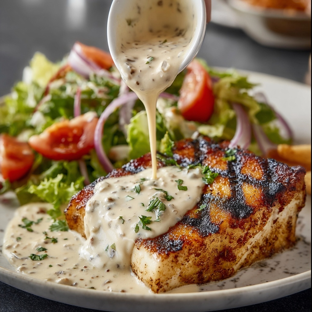 Tuna Steaks with Creamy Garlic Sauce & Salad Recipe - Recipe Image