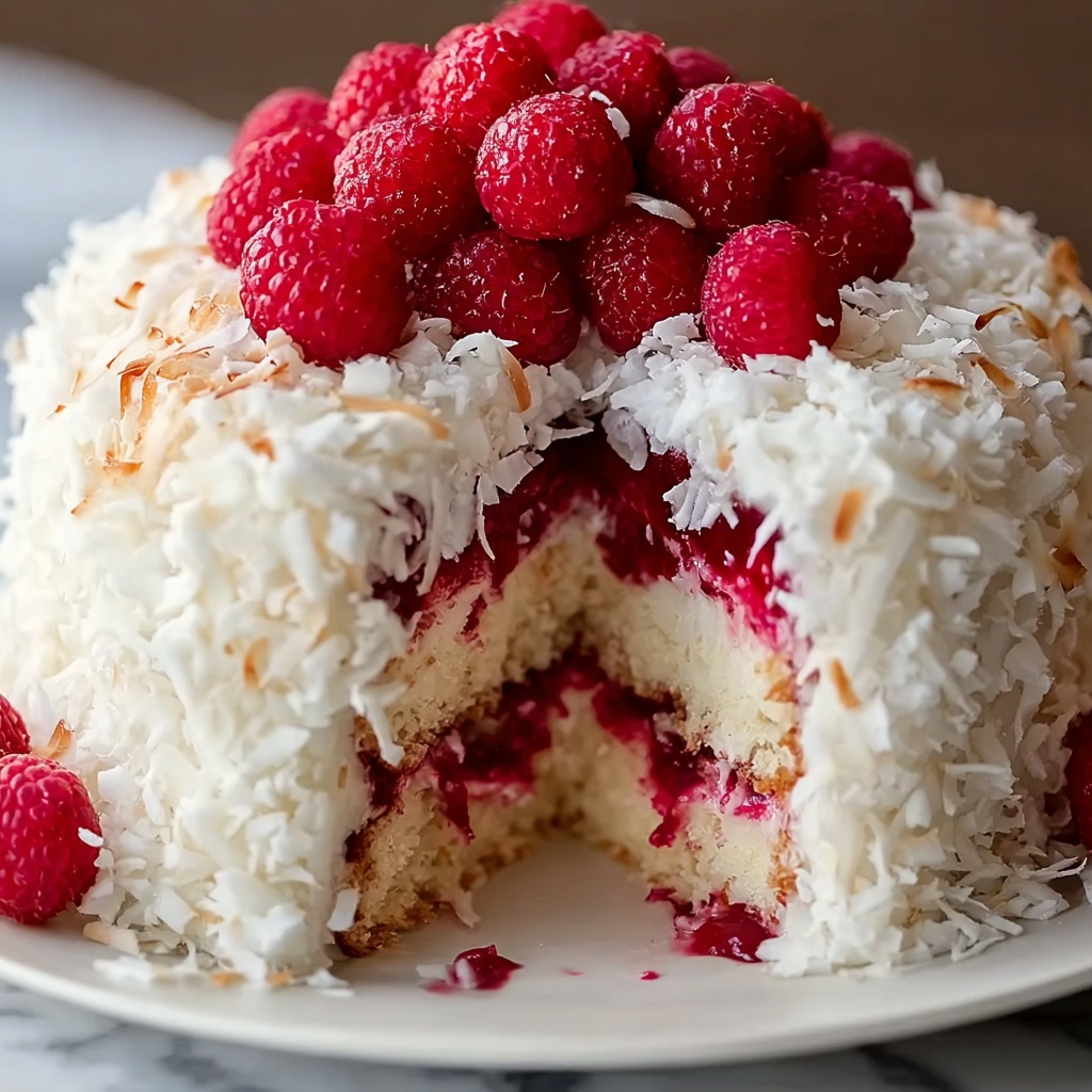 Raspberry Swirl Coconut Snowball Cake Recipe - Recipe Image