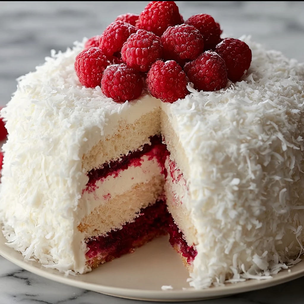 Raspberry Swirl Coconut Snowball Cake Recipe - Recipe Image