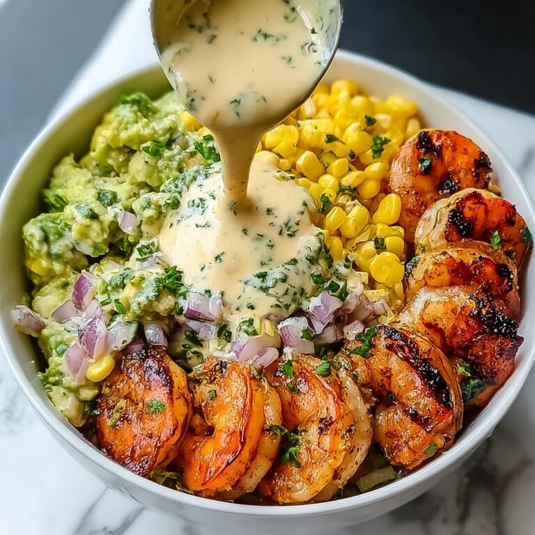 Grilled Shrimp Bowl with Avocado, Corn Salsa & Creamy Garlic Sauce Recipe