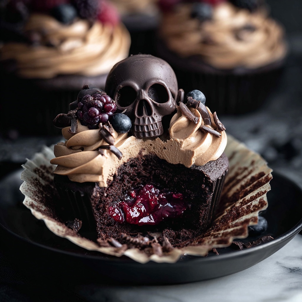 Vegan Halloween Cupcakes with Blackberry Filling and Chocolate Skull Toppers Recipe - Recipe Image