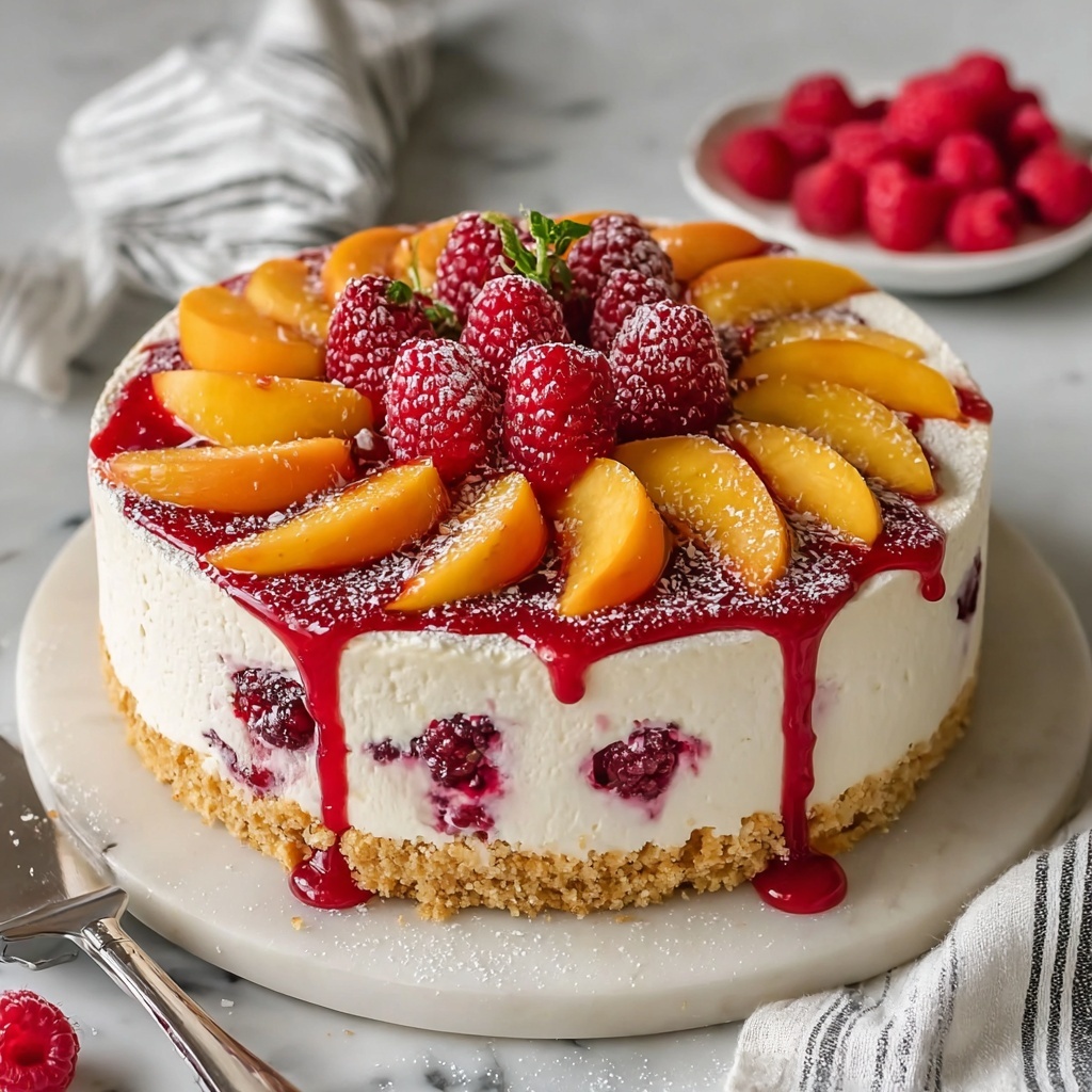 Summer Bliss Peach and Raspberry Cheesecake Delight Recipe - Recipe Image