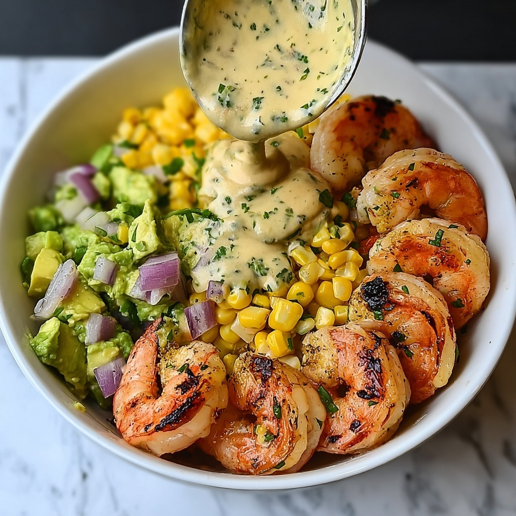 Grilled Shrimp Bowl with Avocado, Corn Salsa & Creamy Garlic Sauce Recipe - Recipe Image